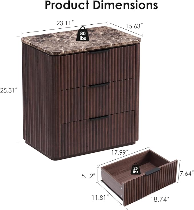 Fluted Nightstand Set of 2, Engineered Wood Bedside Table - Image 3