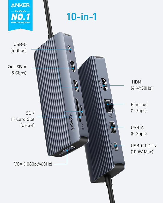 Anker 10-in-1 USB C Hub, Dual-Display USB C Docking Station, One 4K@30Hz HDMI - Image 2