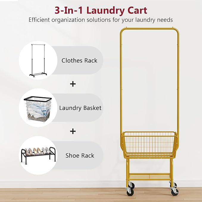 Tajsoon Laundry Cart with Wheels, Metal Rolling Laundry Hamper with Hanging Rack - Image 3