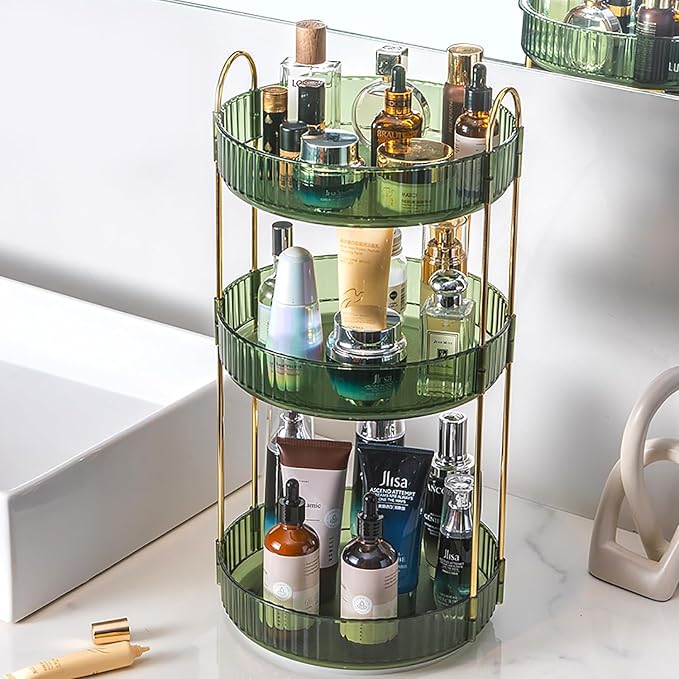 Rotating Makeup Organizer Countertop 3 Tier Lazy Susan Trays Clear Skincare by Zufudo