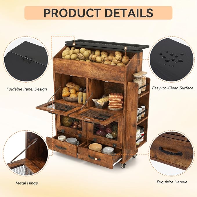 Verano Garden 31.5" Large Potato and Onion Storage Bin on Wheels, Bread Box | - Image 6