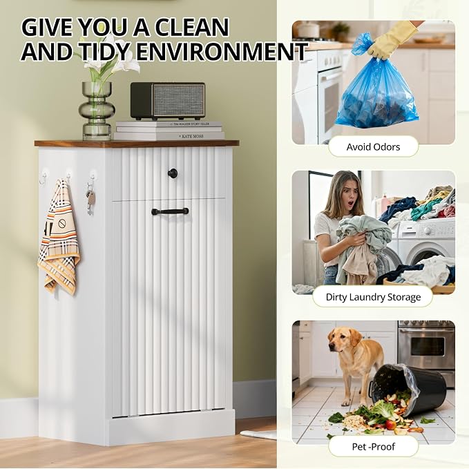 Tilt Out Trash Can Cabinet, 10 Gallon Fluted Laundry Hamper Cabinet - Image 4