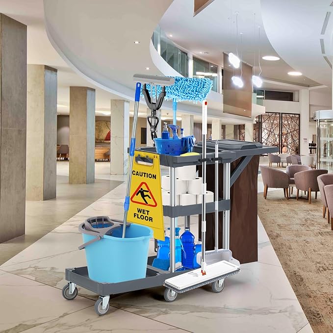 Commercial Janitorial Cart, 3-Shelf Housekeeping Cleaning Cart - Image 7