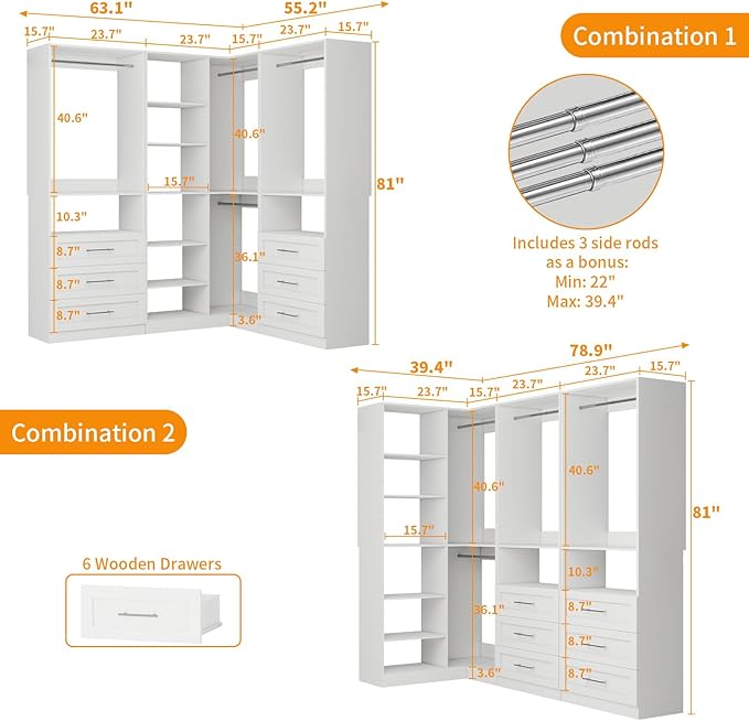 Closet System with 6 Drawers, Corner Closet Organizer Systems with 8 Shelves & - Image 3