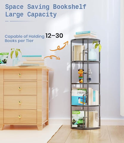 4 Tier Rotating Bookshelf Tower Round Black, 50” Floor Standing Spinning - Image 8