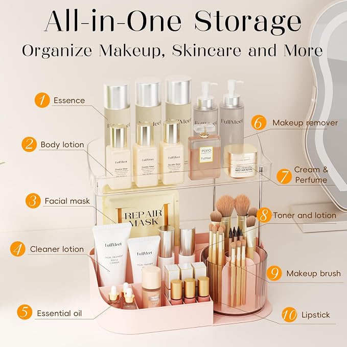 Rotating Makeup Organizer w/Makeup Brush Holder, 2 Tier Bathroom Countertop - Image 2