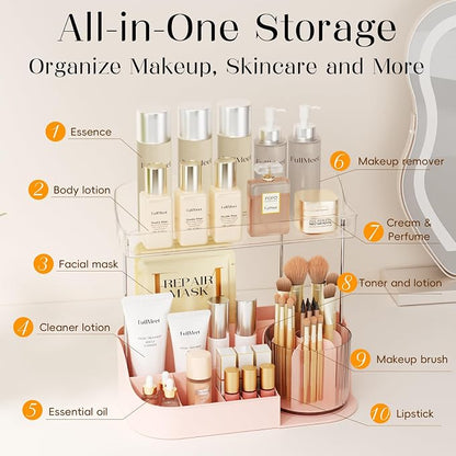 Rotating Makeup Organizer w/Makeup Brush Holder, 2 Tier Bathroom Countertop - Image 2