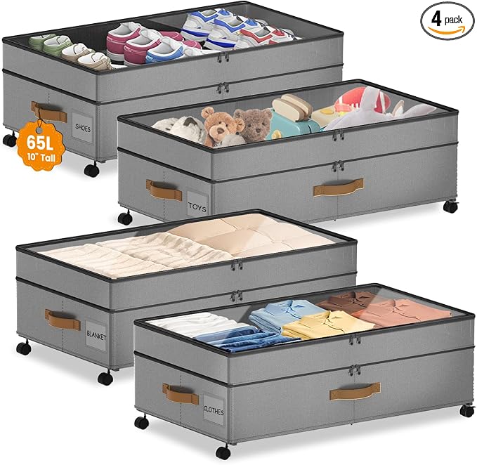 4 Pack Under Bed Storage with Wheels, Adjustable Height Storage Containers by MegapuxinOfficial