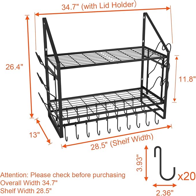 28 Inch Pot Rack Wall Mounted, 2 Tier Pots and Pans Organizer - Image 2