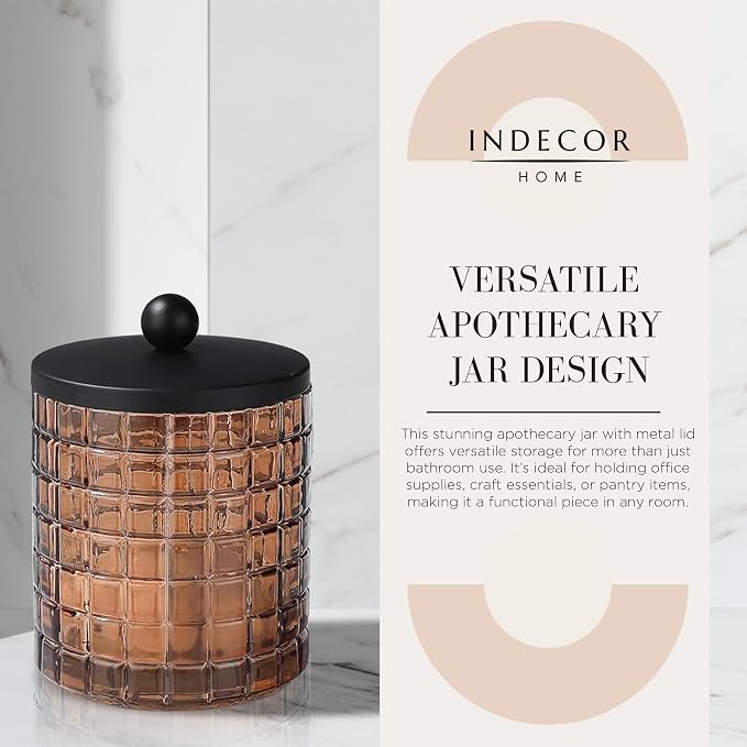 Amber Colored Tranlucent Apothecary Etched Geometric Grid Glass Jar W/Matte - Image 2