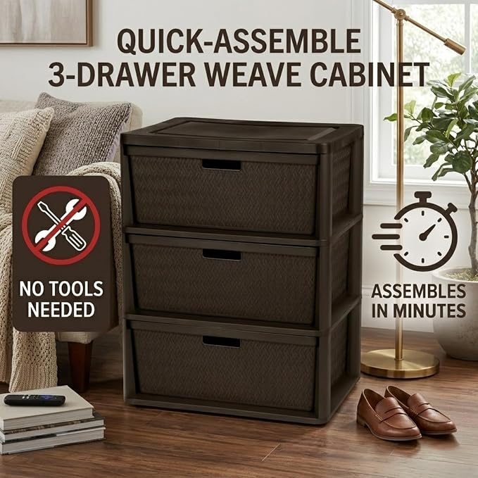 3 Drawer Wide Weave Storage Tower, Modern Style Decorative Freestanding Storage - Image 3