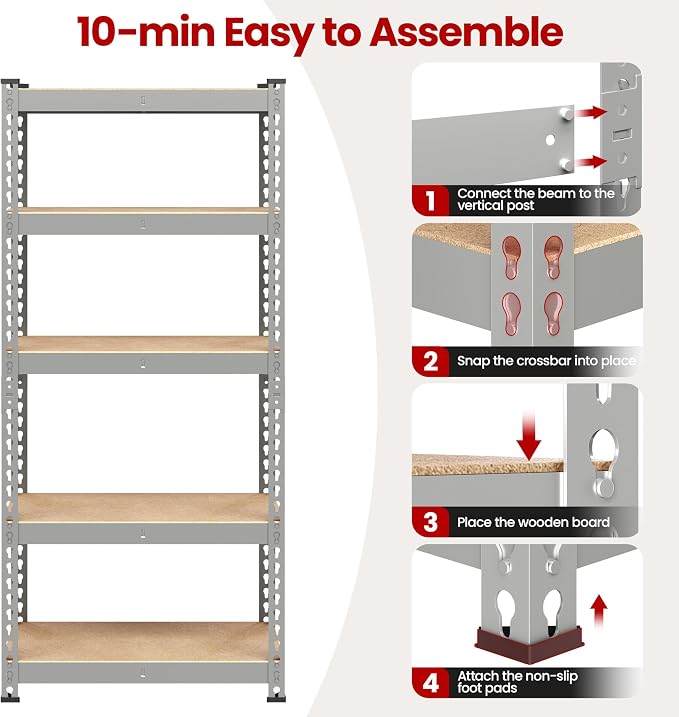 Yaheetech 5-Tier Heavy Duty Storage Shelves 28"W x 12"D x 60"H Light Gray | - Image 8