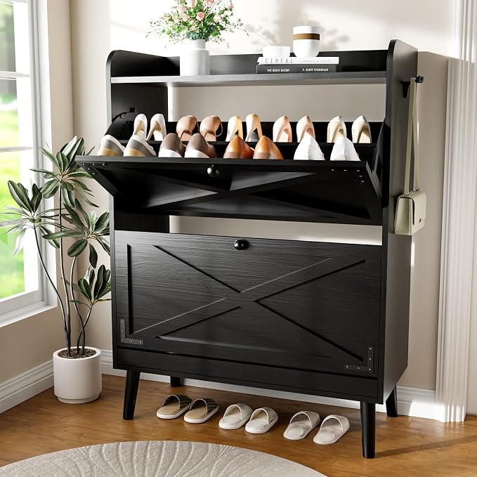 Shoe Storage Cabinet with 2 Flip Drawers, Freestanding Entryway Shoe Cabinet by YZHOME
