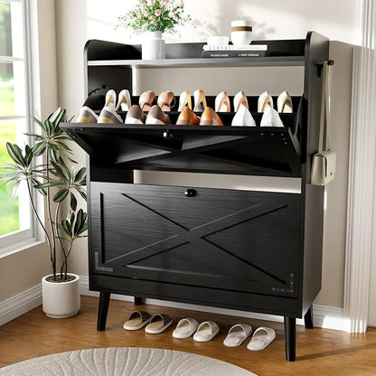Shoe Storage Cabinet with 2 Flip Drawers, Freestanding Entryway Shoe Cabinet by YZHOME