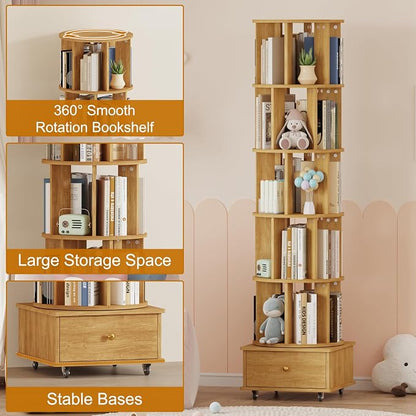 Rotating Bookshelf with Drawers on Lockable Wheels Wood Oak | 6 Tier Spinning - Image 4