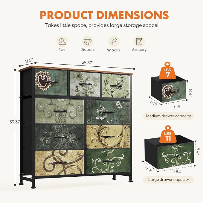 DUMOS 9 Drawer Dresser for Bedroom, Storage Organizer Chest of Drawers | Fabric - Image 3