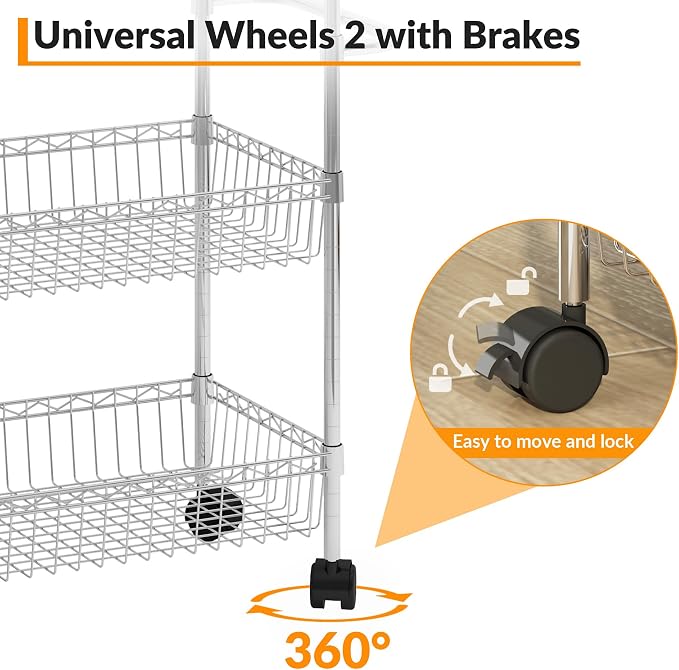 Chrome 3 Tier Rolling Storage Cart, Metal Wire Kitchen Cart - Image 2