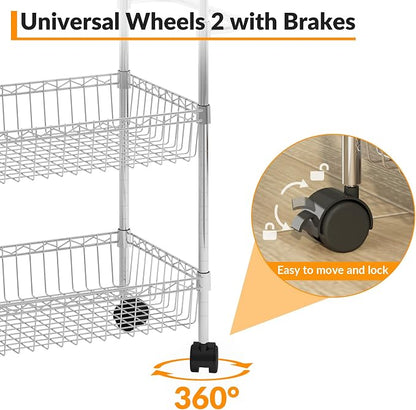 Chrome 3 Tier Rolling Storage Cart, Metal Wire Kitchen Cart - Image 2