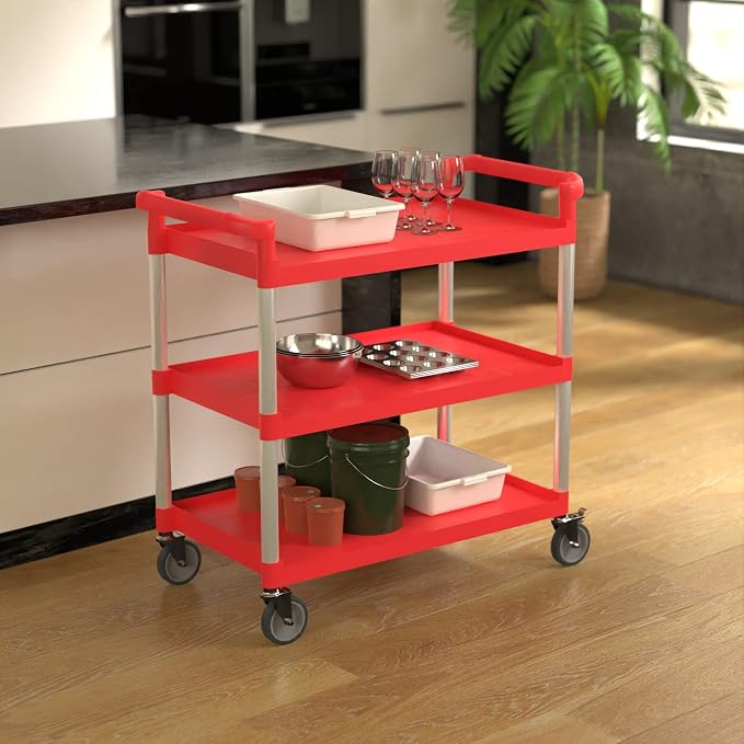 Red Utility/Bussing Cart with Three Shelves - Image 2