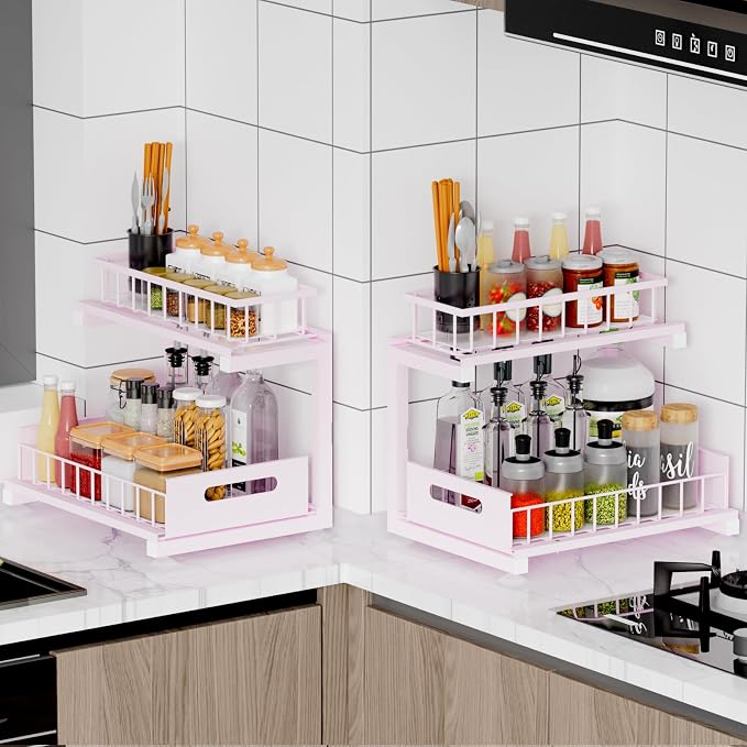 Under Sink Organizer Storage: Adjustable Height, 2 Tier L-Shaped Pull-Out Metal - Image 3