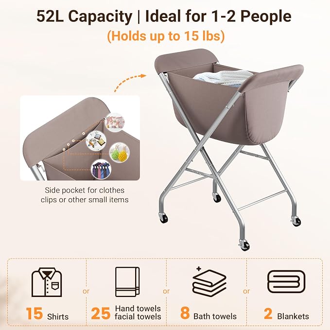 ELYKEN Laundry Basket with Wheels, Collapsible Laundry Hamper, Camel Brown | - Image 4