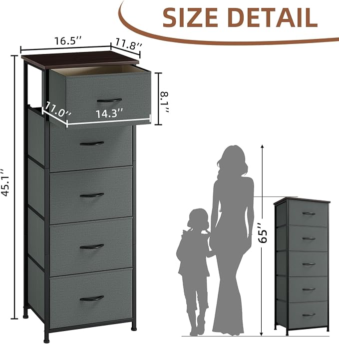 Somdot Tall Dresser for Bedroom, 5 Drawer Storage Cabinet, Charcoal Grey | - Image 3