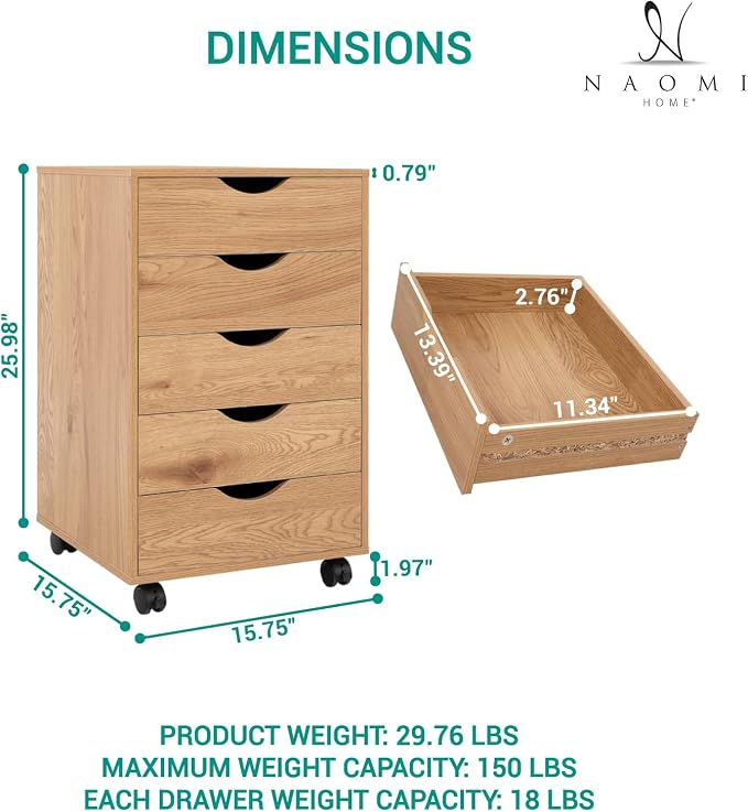 Naomi Home Taylor 5 Drawer Chest, Wood Storage Dresser Cabinet - Image 2