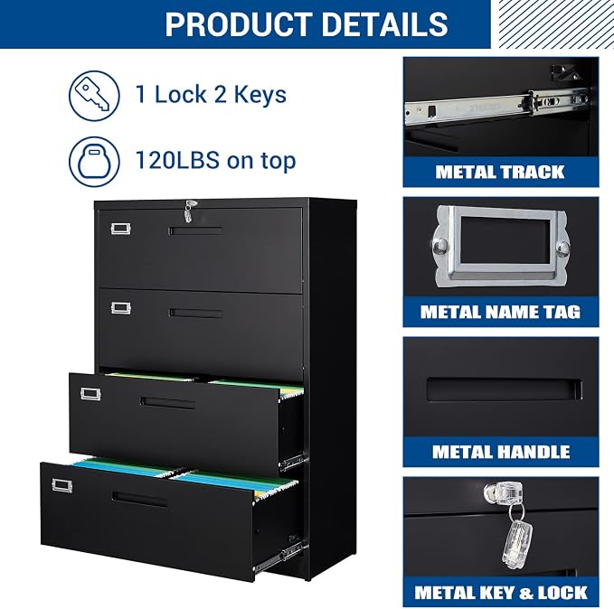 Lateral File Cabinet with Lock, 4 Drawer Large Metal Filing Cabinet, Home - Image 6