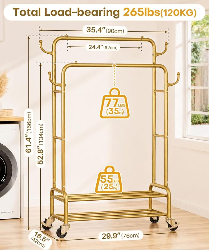 Homde Heavy Duty Clothes Rack: 265lb Rolling Double Rod Garment Hanging - Image 4