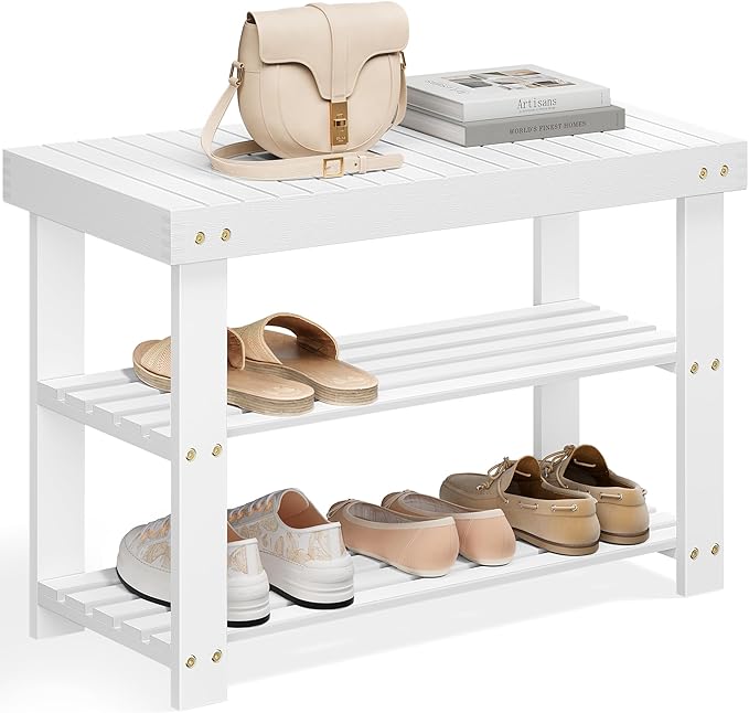 SONGMICS Shoe Rack Bench, 3-Tier Bamboo Shoe Storage Organizer, Entryway Bench by Unknown
