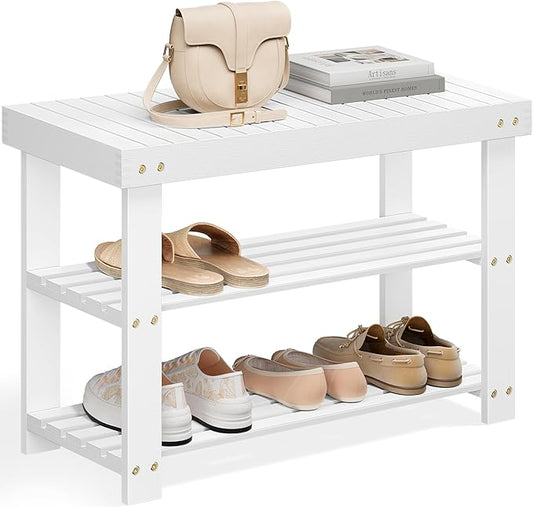 SONGMICS Shoe Rack Bench, 3-Tier Bamboo Shoe Storage Organizer, Entryway Bench by Unknown