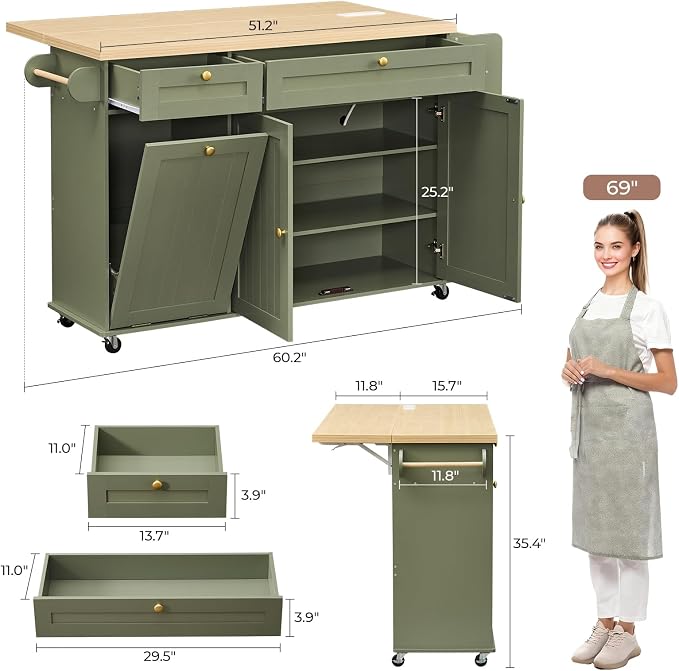 60.2" Kitchen Islands with Storage, Kitchen Island Cart with Trash Can Storage - Image 2