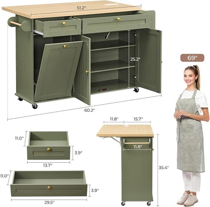 60.2" Kitchen Islands with Storage, Kitchen Island Cart with Trash Can Storage - Image 2