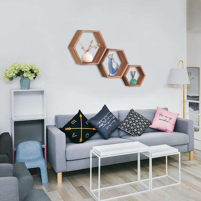 Hexagon Shelves, Floating Wall Shelf, Honeycomb Octagon Cube Shelves Wood | - Image 9