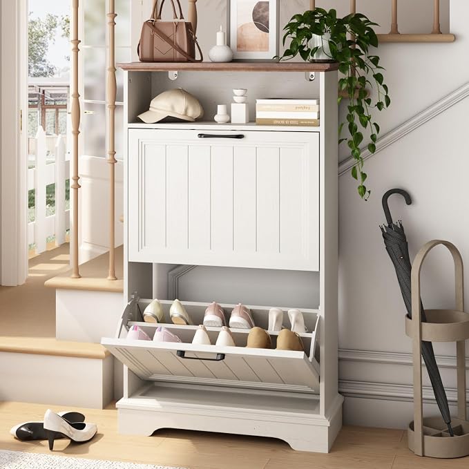 Shoe Storage Cabinet with 2 Flip Drawers, Narrow Slim Shoe Organizer by WINWY