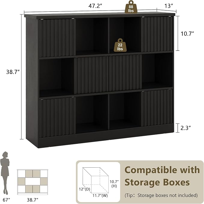iPormis 12 Cube Bookcase with 6 Fluted Sliding Doors, 3 Tier Wooden Bookshelf - Image 2