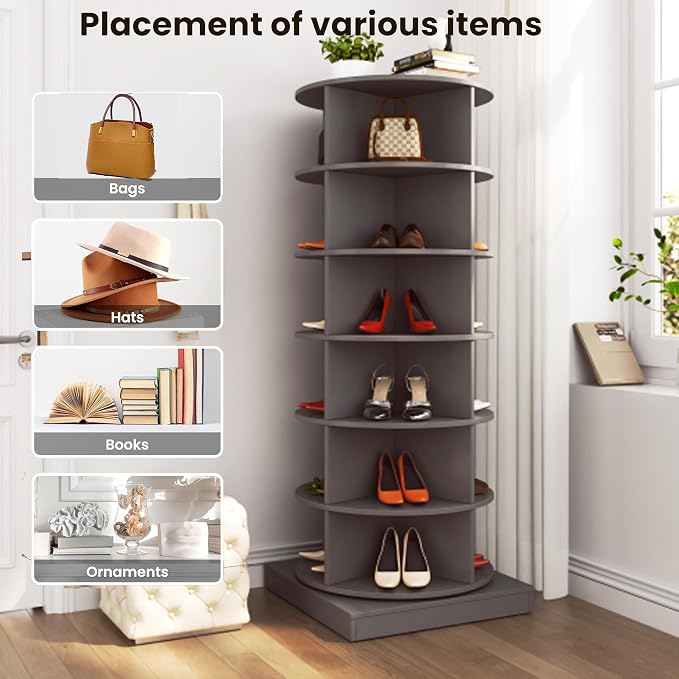 Rotating Shoe Rack Tower, Wooden Spinning Shoe Organizer, Free Standing 360° - Image 3