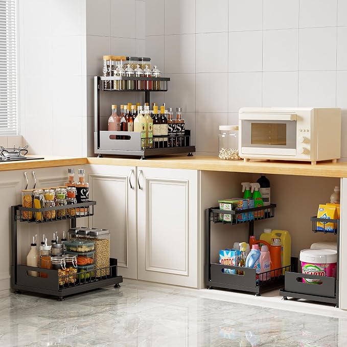 Under Sink Organizer Storage 2-Tier Premium Metal Pull-Out Racks, Height - Image 4