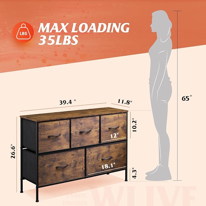WLIVE 5 Drawer Dresser for Bedroom, Wide Chest of Drawers, Rustic Brown | 5 - Image 3