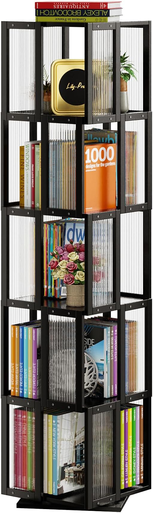 BAMEOS Solid Wood Rotating Bookshelf Tower 5 Tier，360°Storage Spinning Bookcase by BAMEOS