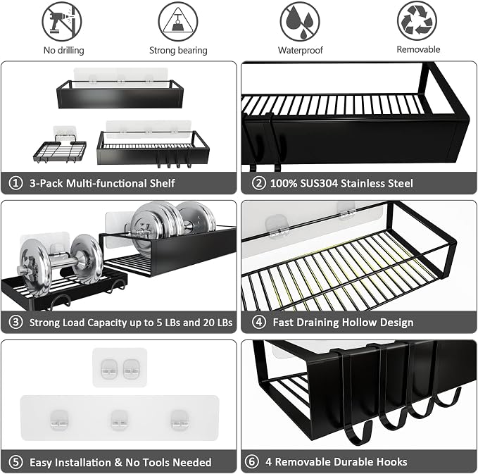 Shower Caddy Wall Mounted Stainless Steel Basket Shelf Shampoo Holder, Adhesive - Image 4