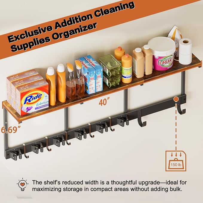 Broom Holder Wall Mount with Cleaning Supplies Organizer, Laundry Room - Image 4