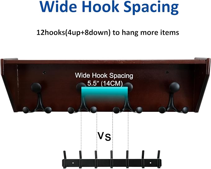 WEBI Wall Shelf with Hooks Underneath, 24” Long Wall Mounted Coat Rack with - Image 3