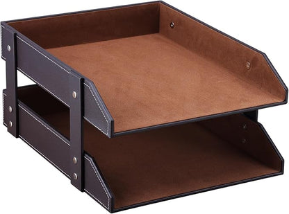 KINGFOM Letter Tray, Leather Paper Organizer Tray, Wooden Desk File Holder - Image 4