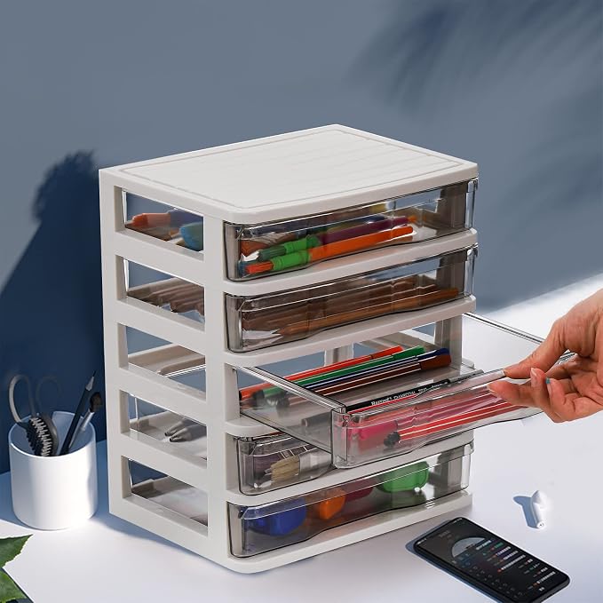 DEAYOU 5 Drawer Desktop Storage Bin Unit, Small Plastic Organizer, Mini - Image 2