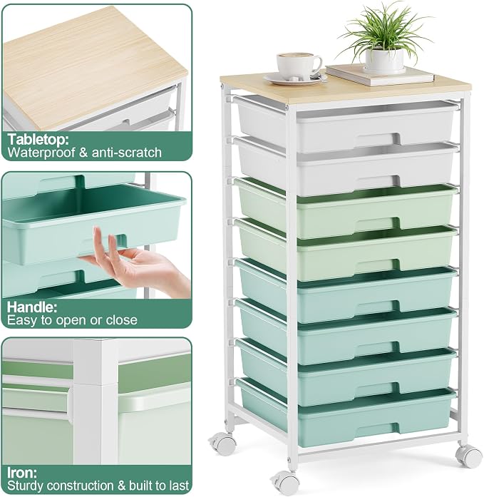Storage Cart with 8 Drawers, Utility Cart with White Drawers and Wooden Tabletop - Image 4