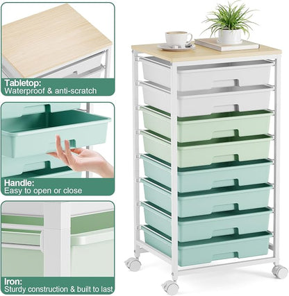 Storage Cart with 8 Drawers, Utility Cart with White Drawers and Wooden Tabletop - Image 4