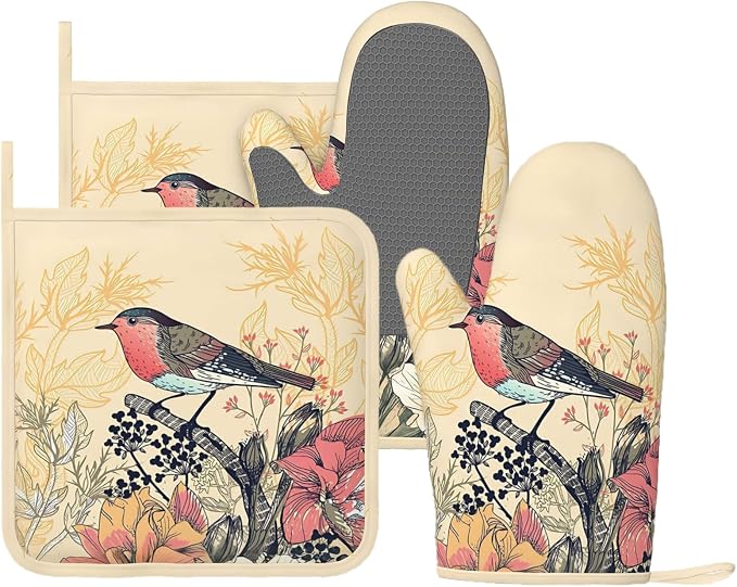 Bird Floral Oven Mitts and Pan Racks, Silicone Non-Slip Vintage Garden Bird by Unknown