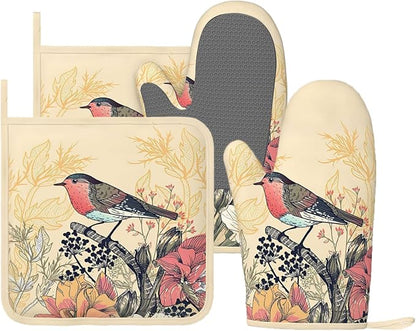 Bird Floral Oven Mitts and Pan Racks, Silicone Non-Slip Vintage Garden Bird by Unknown