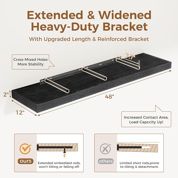 Black Floating Shelves 48 Inch Long, 12 Inch Deep Floating Shelves - Image 2